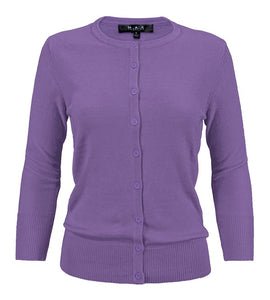Crewneck Button Down Knit Cardigan Sweater 3/4 Sleeves