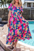 Load image into Gallery viewer, Dark Blue Square Neck Bubble Sleeve Ruffled Floral Dress