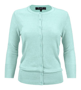Crewneck Button Down Knit Cardigan Sweater 3/4 Sleeves