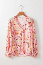 Load image into Gallery viewer, Women Pink Floral Bubble Sleeve V Neck Blouse