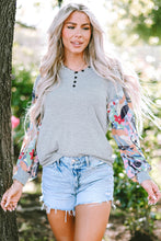 Load image into Gallery viewer, Gray Floral Lantern Sleeve Patchwork Buttoned V Neck Top