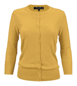 Crewneck Button Down Knit Cardigan Sweater 3/4 Sleeves