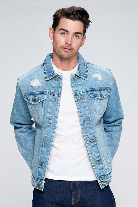 Men's Denim Jacket with Distressed Light Washed