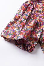 Load image into Gallery viewer, Purple Floral Print Knotted High Neck Puff Sleeve Blouse