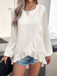 Women's Ruffle Trim Wrap Front Lantern Sleeve Blouse Loose Tunic Top
