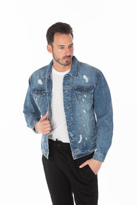 Men's Denim Jacket with Distressed Medium Washed