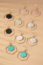 Load image into Gallery viewer, Hexagon hoop and stone drop earrings