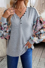 Load image into Gallery viewer, Gray Floral Lantern Sleeve Patchwork Buttoned V Neck Top