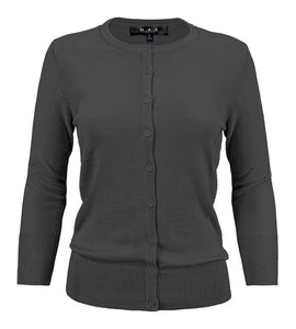 Crewneck Button Down Knit Cardigan Sweater 3/4 Sleeves