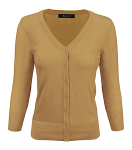 V-Neck Button Down Knit Cardigan Sweater 3/4 Sleeve