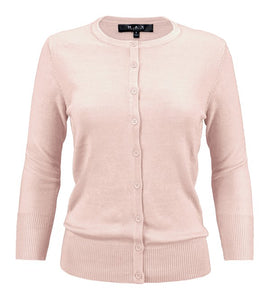 Crewneck Button Down Knit Cardigan Sweater 3/4 Sleeves
