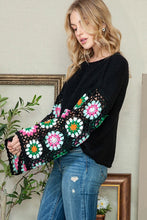 Load image into Gallery viewer, Black Floral Crochet Bell Sleeve Loose Sweater