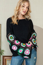 Load image into Gallery viewer, Black Floral Crochet Bell Sleeve Loose Sweater