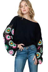 Black Floral Crochet Bell Sleeve Loose Sweater