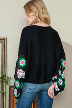 Load image into Gallery viewer, Black Floral Crochet Bell Sleeve Loose Sweater