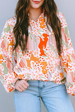 Load image into Gallery viewer, Orange Printed Split V Neck Puff Sleeve Blouse