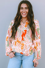 Load image into Gallery viewer, Orange Printed Split V Neck Puff Sleeve Blouse