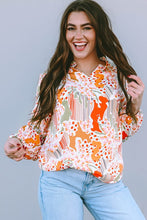 Load image into Gallery viewer, Orange Printed Split V Neck Puff Sleeve Blouse