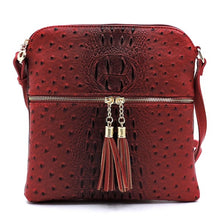 Load image into Gallery viewer, Ostrich Croc Zip Tassel Crossbody Bag
