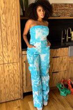 Load image into Gallery viewer, Blue Tie Dye Strapless Utility Jumpsuit.