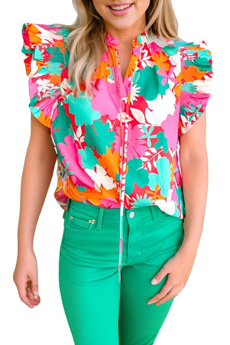 Floral Tie Split Neck Ruffle Trim Blouse