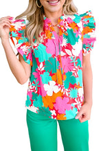 Load image into Gallery viewer, Floral Tie Split Neck Ruffle Trim Blouse
