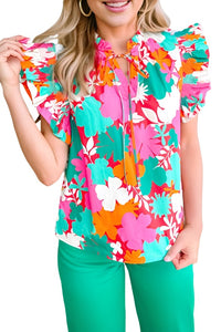 Floral Tie Split Neck Ruffle Trim Blouse