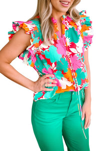Floral Tie Split Neck Ruffle Trim Blouse