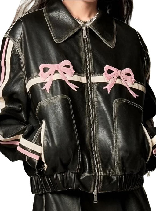 Faux leather bow biker jacket