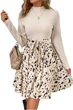 Load image into Gallery viewer, Ribbed Knit Patchwork Printed Belted A-line Dress