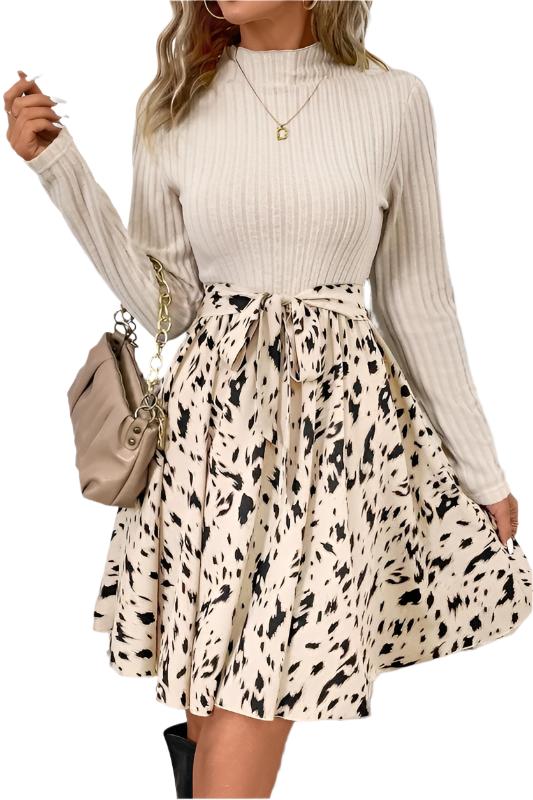 Ribbed Knit Patchwork Printed Belted A-line Dress