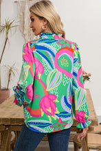 Load image into Gallery viewer, Abstract Ruffled Sleeve Buttoned V Neck Blouse