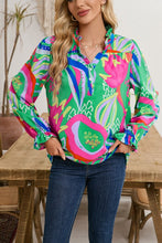 Load image into Gallery viewer, Abstract Ruffled Sleeve Buttoned V Neck Blouse