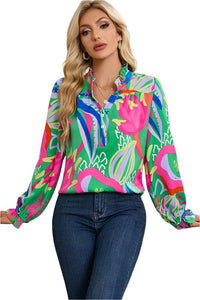 Abstract Ruffled Sleeve Buttoned V Neck Blouse