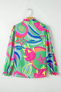 Abstract Ruffled Sleeve Buttoned V Neck Blouse