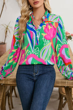 Load image into Gallery viewer, Abstract Ruffled Sleeve Buttoned V Neck Blouse