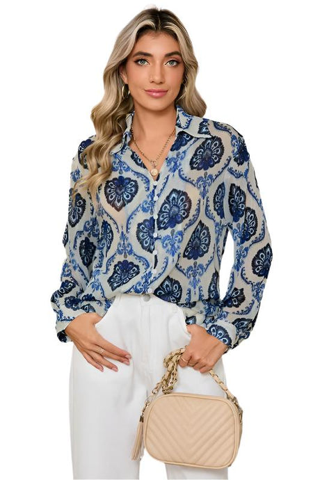 Tribal Pattern Print Buttoned V Neck Loose Shirt