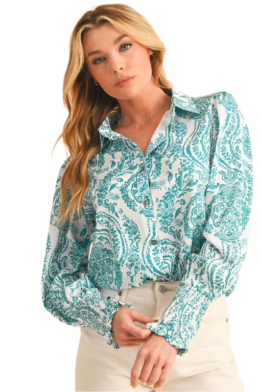 Paisley Print Smocked Cuffs Buttoned Loose Shirt