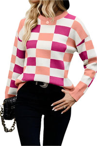 Checkered Ribbed Edge O Neck Drop Shoulder Sweater