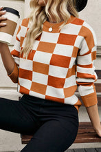 Load image into Gallery viewer, Checkered Ribbed Edge O Neck Drop Shoulder Sweater