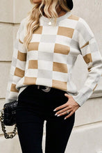 Load image into Gallery viewer, Checkered Ribbed Edge O Neck Drop Shoulder Sweater