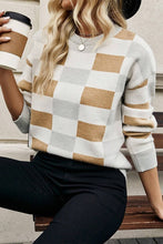 Load image into Gallery viewer, Checkered Ribbed Edge O Neck Drop Shoulder Sweater