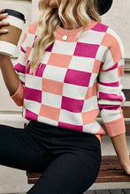Load image into Gallery viewer, Checkered Ribbed Edge O Neck Drop Shoulder Sweater