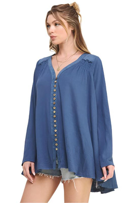 PLUS LONG SLV V-NECK OVERSIZED BUTTON DOWN TUNIC