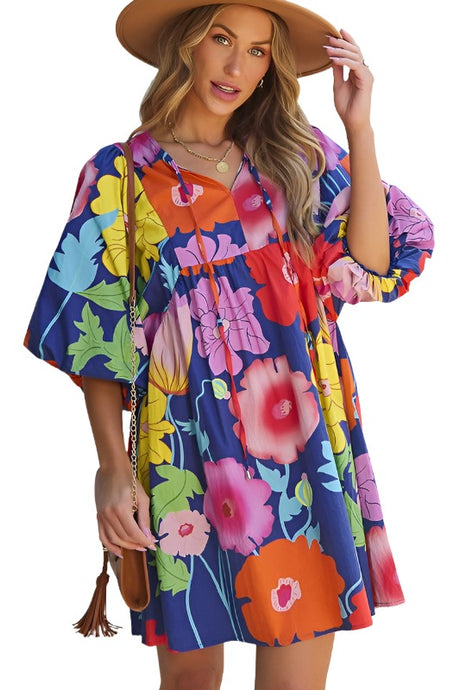 Women Floral Print Split Neck Babydoll Dress