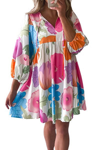 Women Floral Print Split Neck Babydoll Dress