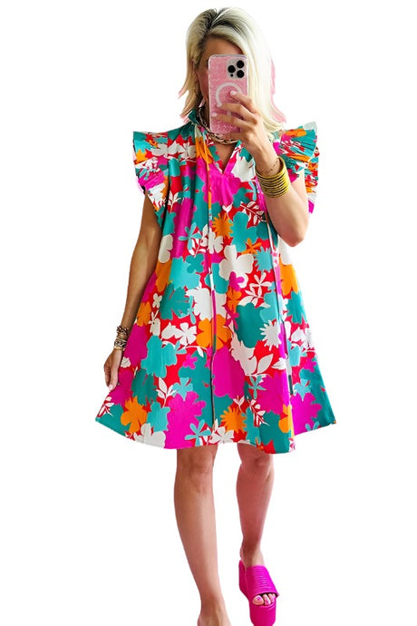 Women Tie Split Neck Flutter Sleeve Mini Dress