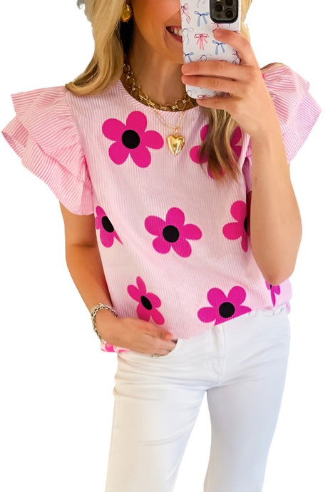 Women Floral Print Ruffled Flutter Sleeve Blouse
