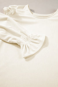 Corduroy Round Neck Ruffled Flounce Sleeve Blouse