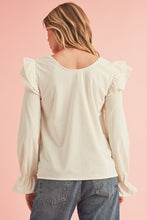 Load image into Gallery viewer, Corduroy Round Neck Ruffled Flounce Sleeve Blouse